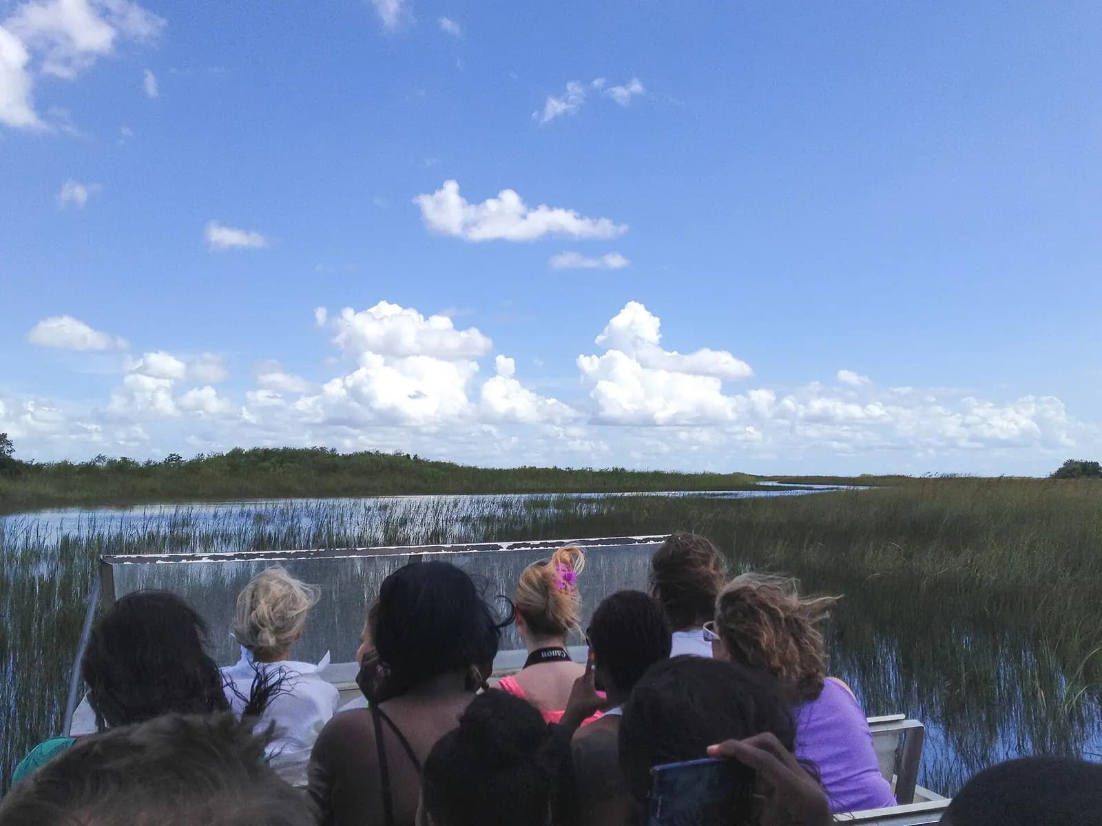 Passengers aboard an airboat looking out across open sawgrass marsh in the Everglades