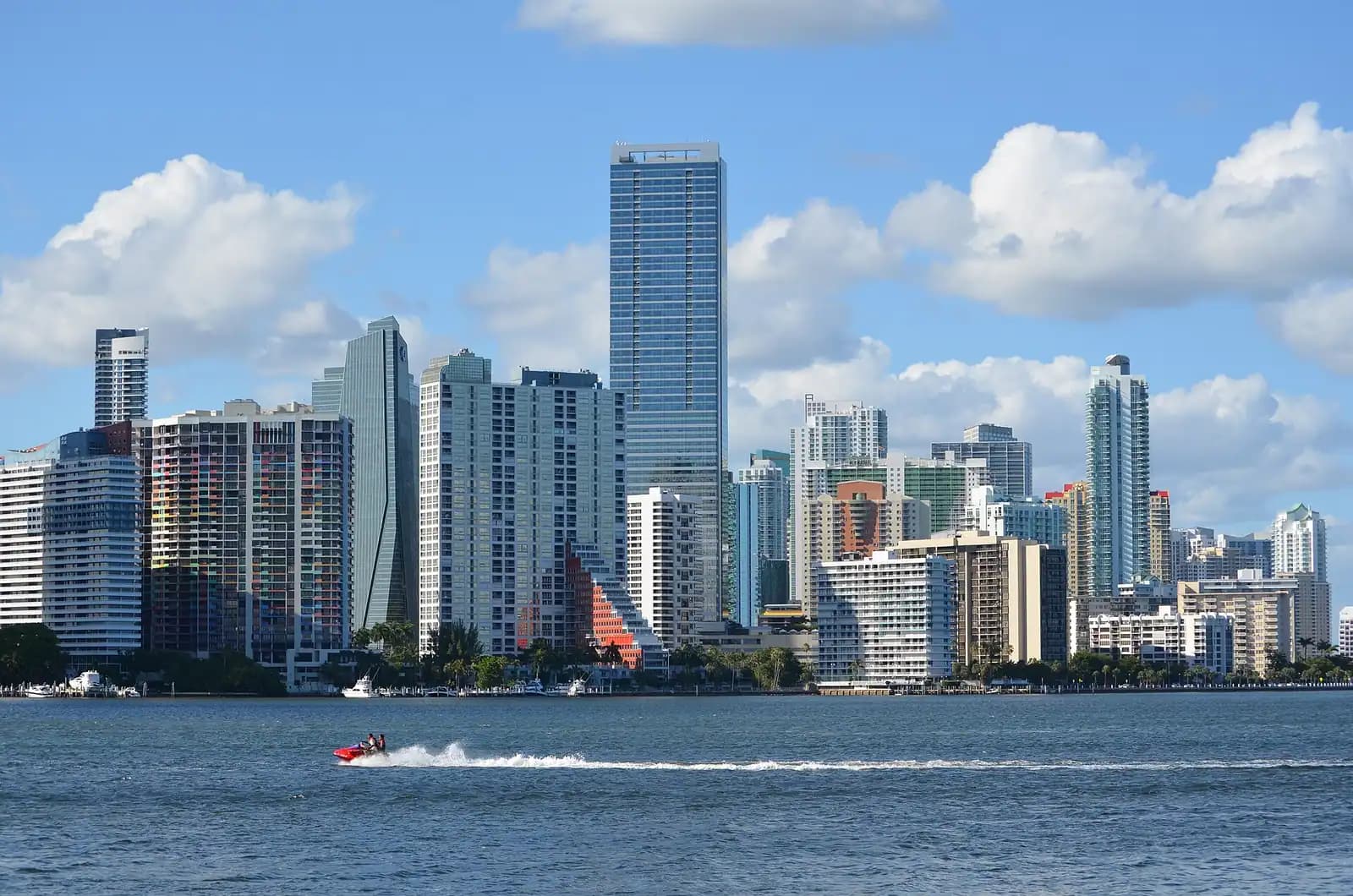 Glass residential and office towers rising above a tree-lined street in Miami's Brickell district