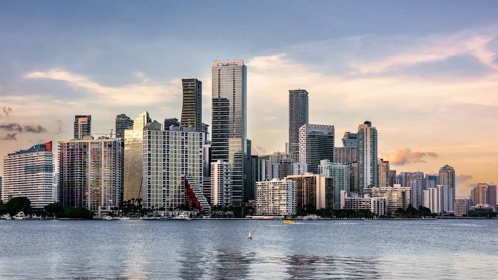 The Miami mainland skyline seen from across the open water of Biscayne Bay on a clear day